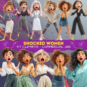 May include: A digital illustration of nine cartoon women with surprised expressions. The women are wearing diverse outfits, including skirts, trousers, and jumpers. The text "SHOCKED WOMEN" and "57 CLIPARTS - COMMERCIAL USE" is displayed.