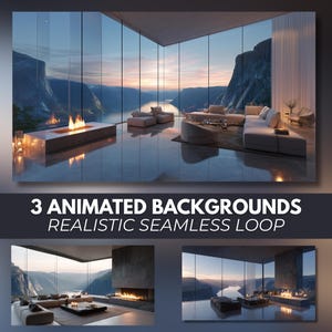 May include: A modern interior design concept featuring a living room with large glass windows overlooking a scenic landscape. The room includes a fireplace, seating, and the text "3 ANIMATED BACKGROUNDS REALISTIC SEAMLESS LOOP".