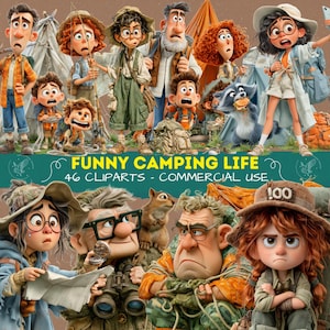 May include: A digital collection of 46 cartoon-style camping-themed cliparts featuring various characters in outdoor gear, including hikers, children, a raccoon, and a squirrel, with the text FUNNY CAMPING LIFE 46 CLIPARTS - COMMERCIAL USE.