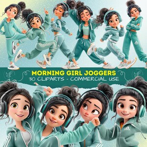 May include: Digital illustration featuring multiple images of a cartoon girl in teal tracksuits and white sneakers. The girl is wearing headphones and is in various action poses. Text on the image reads "MORNING GIRL JOGGERS - 30 CLIPARTS - COMMERCIAL USE."
