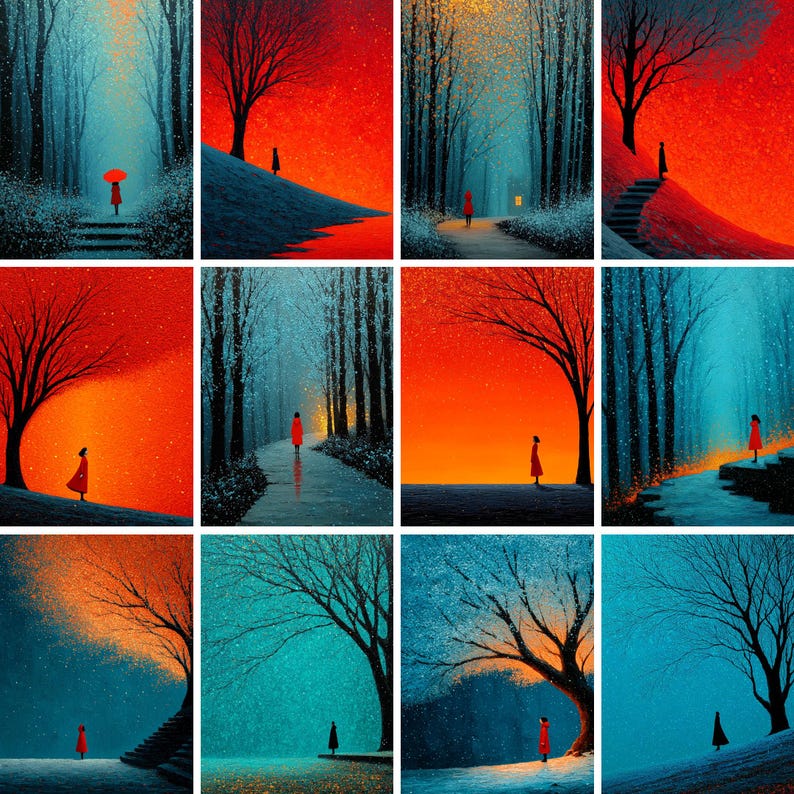 May include: A collection of nine digital art prints featuring a solitary figure in a red coat set against vibrant backgrounds. Each piece depicts a person in a snowy or forested landscape, with trees and a colorful sky. The art evokes a sense of solitude and nature.