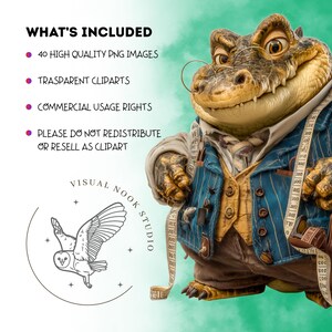 Op de afbeelding: Een digitale illustratie van een antropomorfe alligator met een blauw krijtstreepjasje, vest en broek, met een meetlint. De afbeelding bevat tekst met de tekst "WHAT'S INCLUDED" en bevat functies zoals "40 HIGH QUALITY PNG IMAGES".