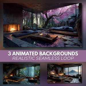 May include: A serene interior scene with a fireplace, a low wooden table, and a bed. The room is surrounded by large windows offering a view of a blooming tree with pink flowers. The text reads "3 ANIMATED BACKGROUNDS REALISTIC SEAMLESS LOOP."