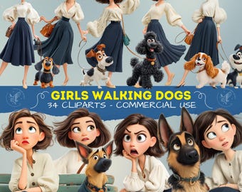 Girls Walking Dogs Clipart, Cute Planner Stickers and Illustrations for Daily Life, Pets, and Outdoor Fun, Journals and Craft Graphics PNG