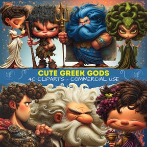 May include: A digital illustration featuring cartoon depictions of Greek gods. The image includes characters like Poseidon with a trident, Medusa with snakes for hair, and others. Text reads "CUTE GREEK GODS - 40 CLIPARTS - COMMERCIAL USE."