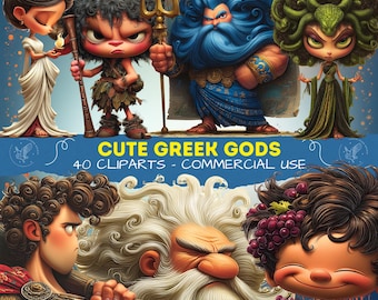 Cute Mythology PNG Pack | Digital Art PackGreek Gods Clipart Bundle | Mythology Characters PNG | Zeus Athena Poseidon  | Cute Myth