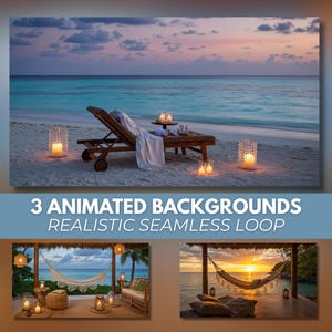 Puede incluir: Una serena escena de playa al atardecer con una tumbona de madera, velas y una mesa con artículos de spa. El océano y el cielo son una mezcla de azul, rosa y morado. El texto en la parte inferior dice "3 ANIMATED BACKGROUNDS REALISTIC SEAMLESS LOOP."