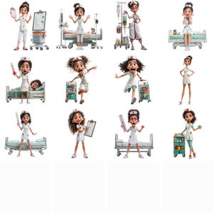 May include: A collection of cartoon illustrations featuring a nurse in various poses. The nurse is depicted in a white uniform with a red cross on her cap. She is shown with medical equipment, a patient, and a medical chart.