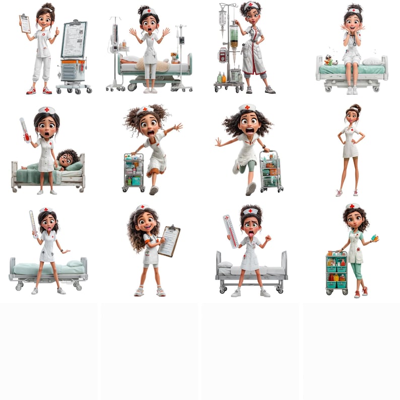 May include: A collection of cartoon illustrations featuring a nurse in various poses. The nurse is depicted in a white uniform with a red cross on her cap. She is shown with medical equipment, a patient, and a medical chart.