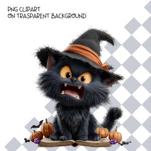 May include: A fluffy black kitten with large orange eyes and an open mouth showing small teeth, wearing a black witch hat with an orange band. The kitten sits on an open book surrounded by small orange pumpkins, a bat, and purple accents.