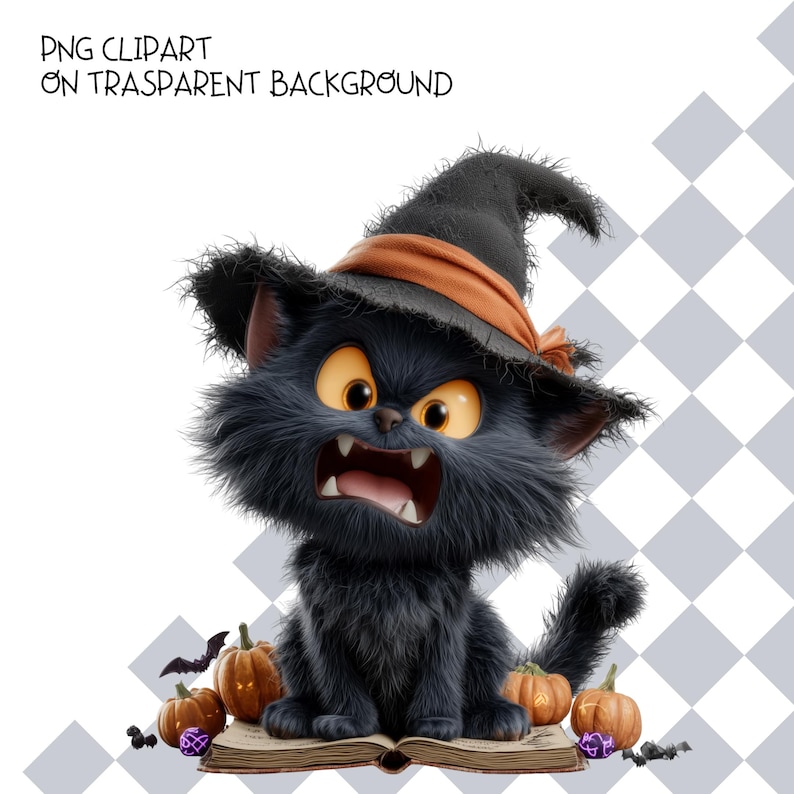 May include: A fluffy black kitten with large orange eyes and an open mouth showing small teeth, wearing a black witch hat with an orange band. The kitten sits on an open book surrounded by small orange pumpkins, a bat, and purple accents.