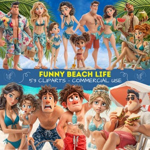 May include: A digital collection of 53 cartoon-style beach-themed cliparts featuring various characters in swimwear, including people in floral shirts, bikinis, and swim trunks, with beach accessories like surfboards, food, and sunscreen, labeled FUNNY BEACH LIFE.
