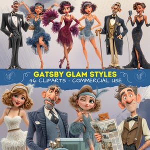 May include: A digital illustration featuring cartoon characters in Gatsby-era attire. The image includes men in suits and women in flapper dresses, with the text "Gatsby Glam Styles - 46 Cliparts - Commercial Use" at the bottom.