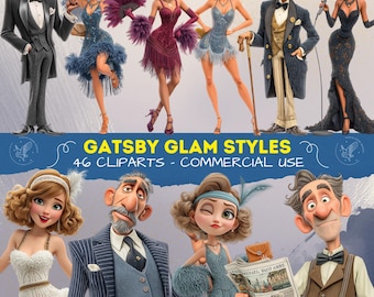 1920s Gatsby Glam Clipart Collection, Elegant Flapper Girls & Stylish Gentlemen, Suits and Accessories PNG, Scrapbooking, Junk Journal