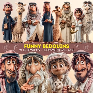 Conjunto de imágenes prediseñadas de beduinos divertidos, imágenes prediseñadas de gente del desierto para descargas digitales, beduinos árabes PNG para scrapbooking, pegatinas, diario creativo.