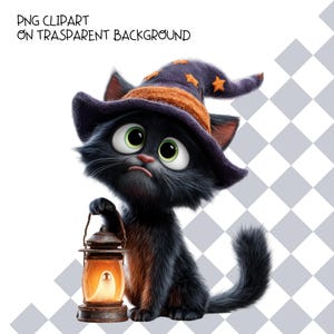 May include: A black cat with large green eyes wearing a purple witch hat with orange stars. The cat holds a brown lantern containing a glowing white ghost figure. The text PNG CLIPART ON TRASPARENT BACKGROUND is visible at the top left.