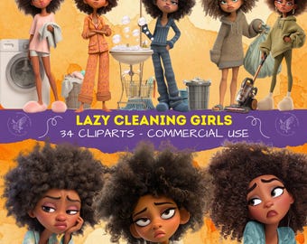 Divertente pacchetto di clipart di una donna nera che pulisce, casalinga stanca e sfacciata in formato PNG, casa divertente afroamericana per scrapbooking, donne africane eccentriche