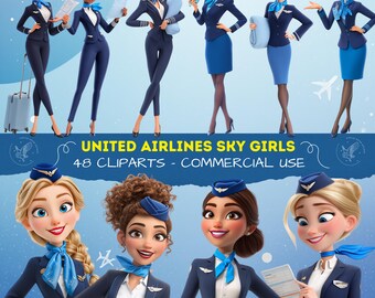 United Airlines Sky Girls Clipart, Cute Flight Attendant PNG, Airline Crew Cartoon, Smiling Cabin Crew Illustrations for Scrapbooking