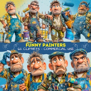 May include: A digital illustration featuring several cartoon painters, each with paint-splattered overalls and tools. The image includes the text "FUNNY PAINTERS" and "62 CLIPARTS - COMMERCIAL USE". The painters have various expressions.