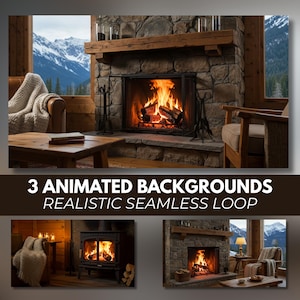 Op de afbeelding: Een gezellige woonkamer met een stenen open haard, een brandend vuur en een houten mantel. De tekst "3 ANIMATED BACKGROUNDS REALISTIC SEAMLESS LOOP" wordt weergegeven. De kamer bevat houten meubels en uitzicht op besneeuwde bergen.