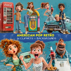 Lustige Retro amerikanische Clipart - verspielte amerikanische Leute 1950–70, Groovy USA Vintage Charaktere PNG für Scrapbooking, schrullig Made in den USA