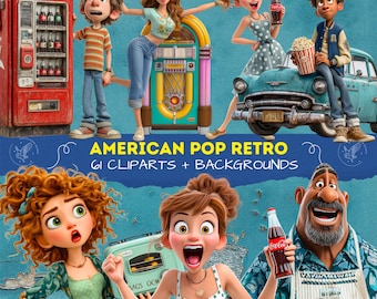 Funny Retro American Clipart – Playful American People 1950–70, Groovy USA Vintage Characters PNG for Scrapbooking, Quirky Made in USA