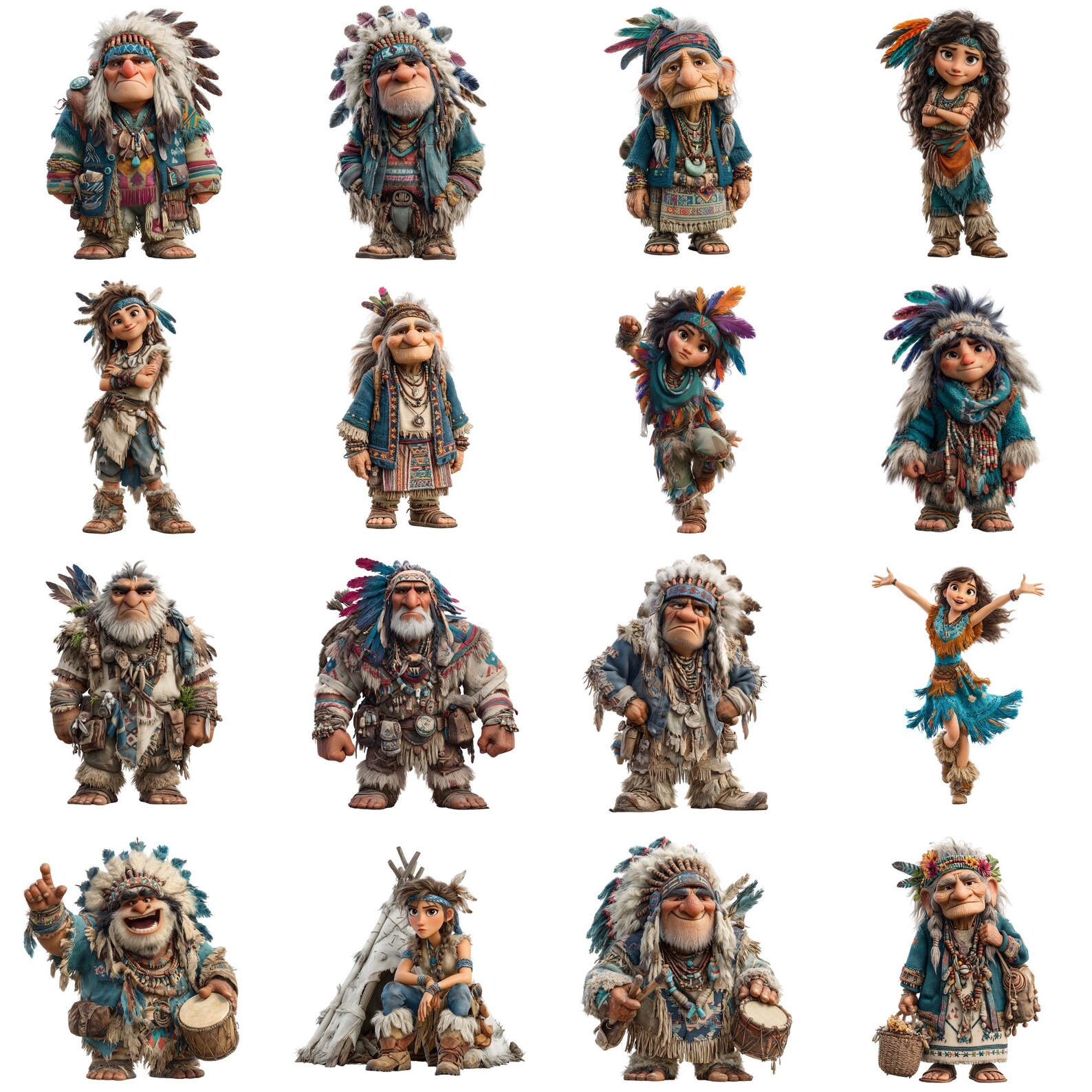 62 Funny Native American Clipart Set - Cute Tribal Characters, Cartoon ...
