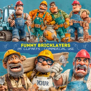 Peut inclure: Illustration numérique de maçons de dessins animés en tenue de travail, avec casques et outils. L'image comprend le texte "FUNNY BRICKLAYERS" et "85 CLIPARTS - COMMERCIAL USE". Les maçons sont représentés dans diverses poses.