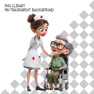 May include: Cartoon illustration of a nurse and an elderly person in a wheelchair. The nurse wears a white uniform with a red cross and a cap. The elderly person has gray hair and glasses. The image has the text "PNG CLIPART ON TRASPARENT BACKGROUND".