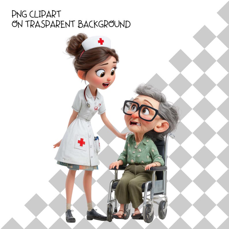 May include: Cartoon illustration of a nurse and an elderly person in a wheelchair. The nurse wears a white uniform with a red cross and a cap. The elderly person has gray hair and glasses. The image has the text "PNG CLIPART ON TRASPARENT BACKGROUND".