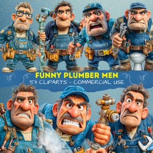 Funny Plumber Men Clipart Bundle, Humorous Repairman PNG, Playful Worker Characters for Sublimation, Scrapbooking, Planner, Quirky Guys