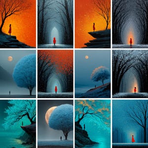 May include: A collection of eight vertical art prints. Each print features a solitary figure in a red coat set against a surreal landscape. The backgrounds vary with colors like orange, blue, and teal, with trees and a moon.