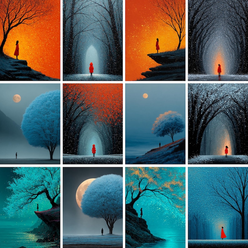 May include: A collection of eight vertical art prints. Each print features a solitary figure in a red coat set against a surreal landscape. The backgrounds vary with colors like orange, blue, and teal, with trees and a moon.