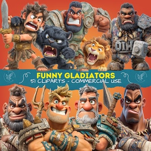 Zestaw 51 zabawnych grafik z gladiatorami, humorystyczny starożytny wojownik, starożytna rzymska kreskówka cyfrowa sztuka do rękodzieła, scrapbookingu, osobliwi gladiatorzy PNG