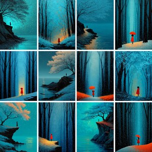 May include: A collection of twelve vertical art prints. Each print depicts a solitary figure in a red coat, set against a backdrop of a blue forest or coastal scene. Some figures hold umbrellas. The style is painterly with a focus on atmospheric light.