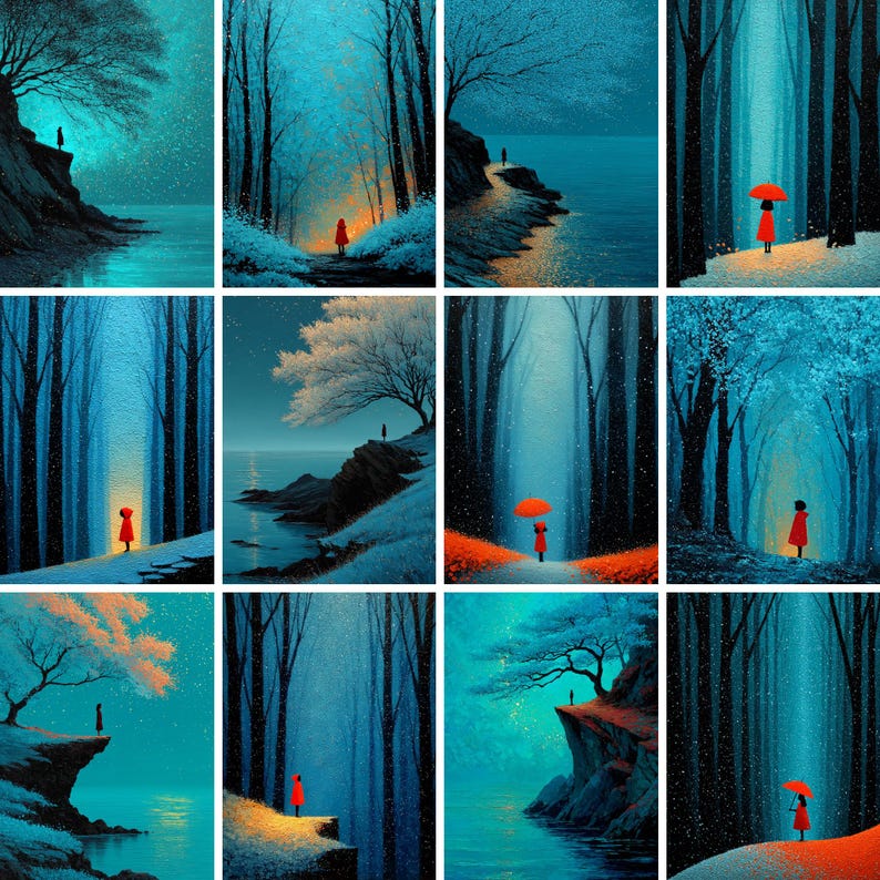 May include: A collection of twelve vertical art prints. Each print depicts a solitary figure in a red coat, set against a backdrop of a blue forest or coastal scene. Some figures hold umbrellas. The style is painterly with a focus on atmospheric light.