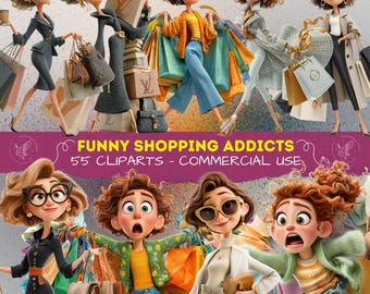 Funny Shopping Addicts Clipart, Quirky Women Shopaholic Characters, Crazy Shopaholic Women for Scrapbooking, Planner, Retail Therapy PNG