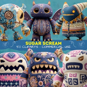 Whimsical Cute Monster Clipart: 3D Sugar Scream Folk Art PNG Graphics for Commercial Use - High Resolution Image