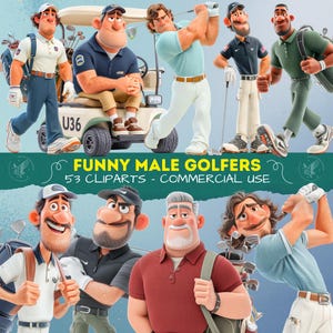 May include: A collection of cartoon illustrations of male golfers in various poses. The golfers are depicted with exaggerated features and are dressed in golf attire. The image includes text that reads "FUNNY MALE GOLFERS - 53 CLIPARTS - COMMERCIAL USE."