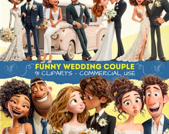 Funny Wedding Couples Clipart, Cartoon Marriage PNG, Bride and Groom for Invitations, Scrapbooking, and DIY, Quirky Couple in Love