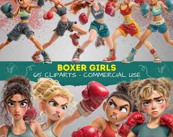 Boxing Women Clipart Set, Sporty Female Fighters, Punching & Fighting Poses, Scrapbooking PNG, Planners, Sport Girls PNG