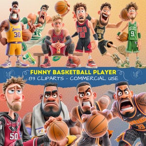 May include: A collection of cartoon basketball players in various team uniforms, including Lakers, Celtics, and Bulls. The image features the text "FUNNY BASKETBALL PLAYER" and "83 CLIPARTS - COMMERCIAL USE". Each player is holding a basketball.