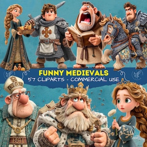 May include: A digital illustration of cartoon medieval characters, including a knight, a king, a princess, and a monk. The image includes the text "FUNNY MEDIEVALS" and "57 CLIPARTS - COMMERCIAL USE" on a teal background.