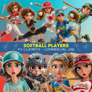 May include: Digital illustration of softball players in action, with bats, balls, and gloves. The image features several female characters in various uniforms, with the text "SOFTBALL PLAYERS 53 CLIPARTS - COMMERCIAL USE" at the bottom.