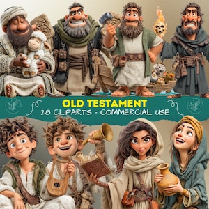 May include: A digital illustration featuring cartoon characters from the Old Testament. The image includes various figures with beards, robes, and accessories, along with the text "OLD TESTAMENT 28 CLIPARTS - COMMERCIAL USE". The characters are in a colorful, animated style.