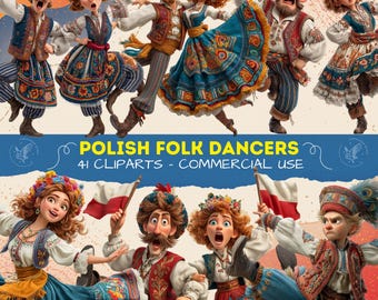 Divertenti clipart di ballerini polacchi, danze popolari polacche in formato PNG, simpatici personaggi polacchi, costume tradizionale, download digitale per artigianato e scrapbooking.