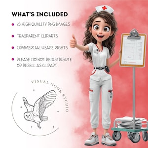 May include: A cartoon nurse in a white uniform with red accents, a nurse's cap, and sneakers. She is giving a thumbs-up and holding a clipboard. The image includes text: "WHAT'S INCLUDED", "28 HIGH QUALITY PNG IMAGES", "TRASPARENT CLIPARTS", "COMMERCIAL USAGE RIGHTS", and "PLEASE DO NOT REDISTRIBUTE OR RESELL AS CLIPART".