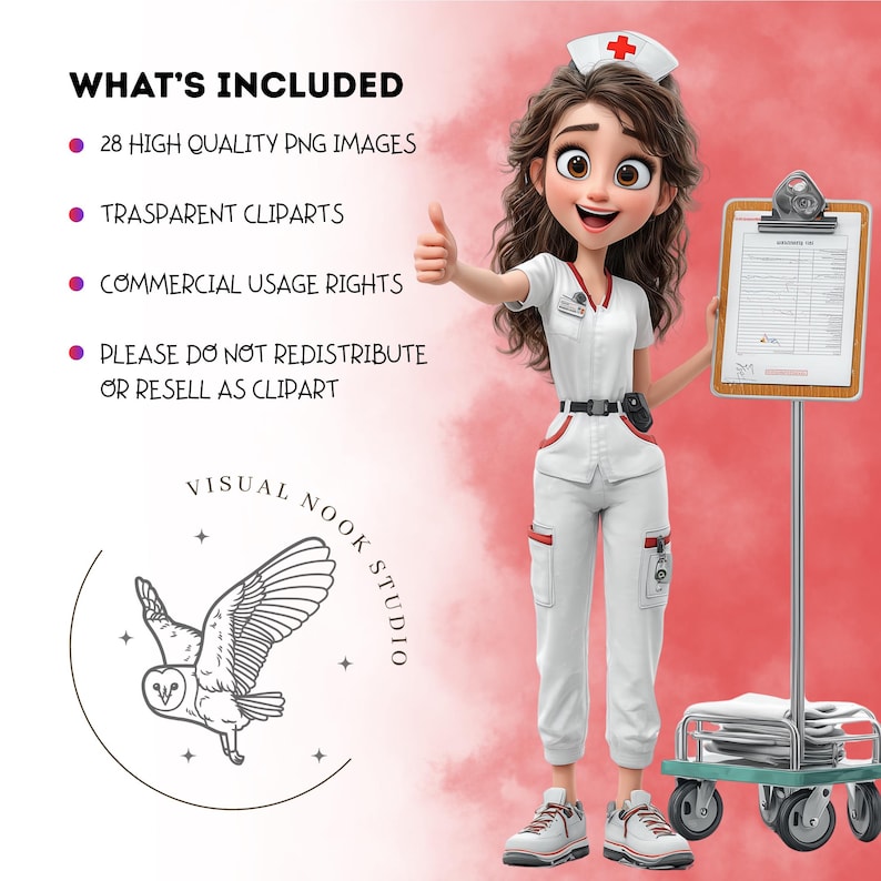 May include: A cartoon nurse in a white uniform with red accents, a nurse's cap, and sneakers. She is giving a thumbs-up and holding a clipboard. The image includes text: "WHAT'S INCLUDED", "28 HIGH QUALITY PNG IMAGES", "TRASPARENT CLIPARTS", "COMMERCIAL USAGE RIGHTS", and "PLEASE DO NOT REDISTRIBUTE OR RESELL AS CLIPART".