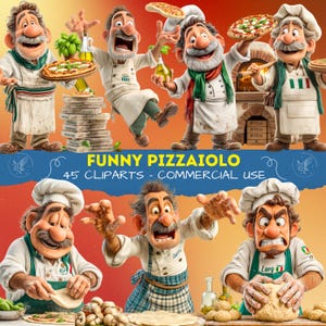 May include: A collection of cartoon illustrations featuring chefs, pizzas, and pizza-making tools. The chefs are depicted with exaggerated expressions and poses, wearing white chef hats and aprons. The text "FUNNY PIZZAIOLO" and "45 CLIPARTS - COMMERCIAL USE" is displayed.