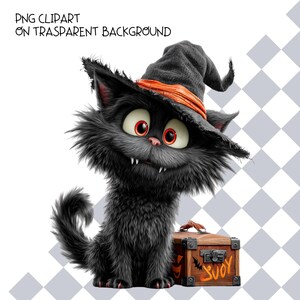 May include: A fluffy black cat with large red eyes and sharp white fangs wearing a black witch hat with an orange band. The cat sits next to a small wooden chest featuring a metal latch and orange painted text. The text reads PNG CLIPART ON TRASPARENT BACKGROUND.